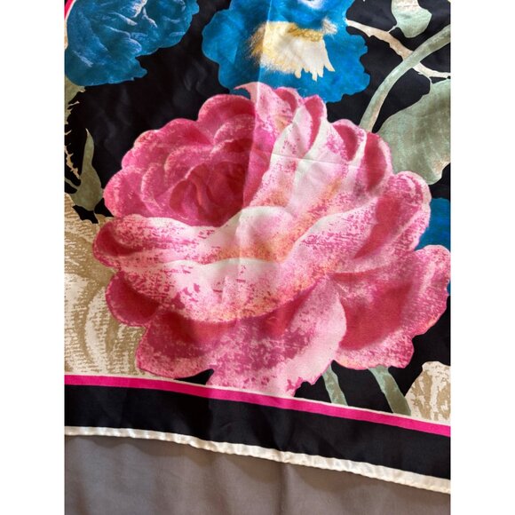 Saldarini Silk Scarf Black & Multicolor Big Floral Hand-Rolled Hem 33" x 33" - Picture 3 of 8